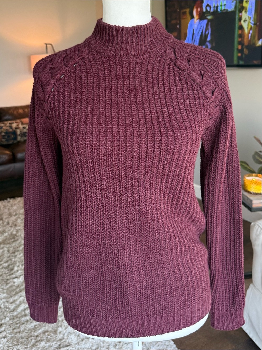 Romeo & Juliet Burgundy Mock Neck Sweater with Braided Shoulder Detail, Small